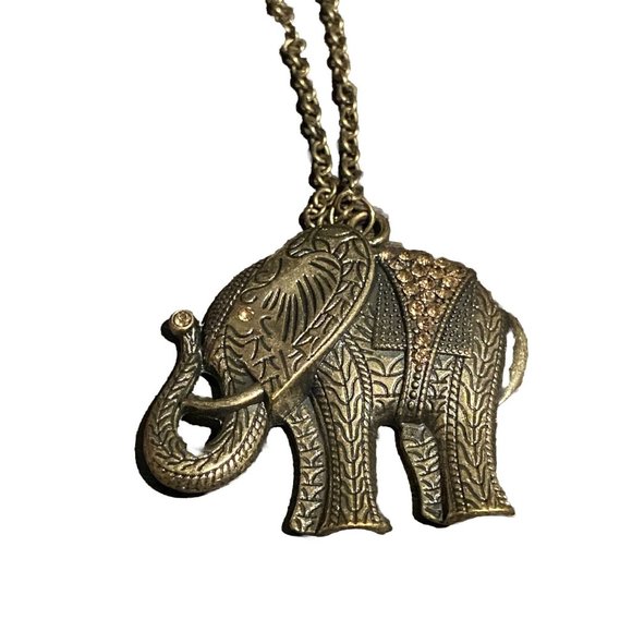 Vintage Large Golden Tone Rhinestone Elephant Trunk Up Pendant Necklace Resin - Picture 1 of 8